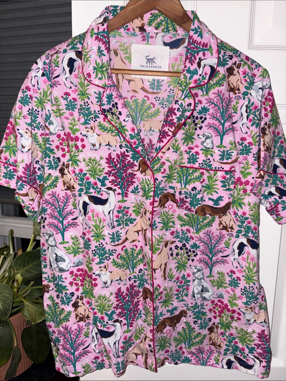 Printfresh Pink Multicolor Dog Print Short Sleeve Button Top and Long Bottoms
